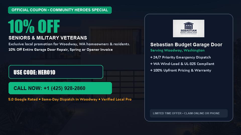 Sebastian Budget Garage Door 10% OFF Seniors & Military Veterans in Woodway, WA